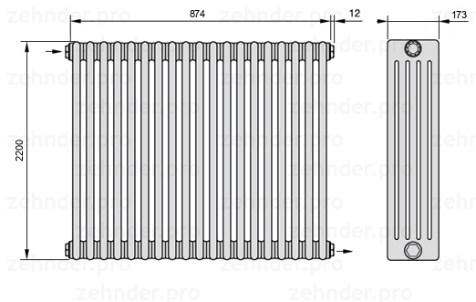 Схема (чертеж) Радиатор Zehnder Charleston 5220/19 №1670 Белый глянцевый RAL 9016